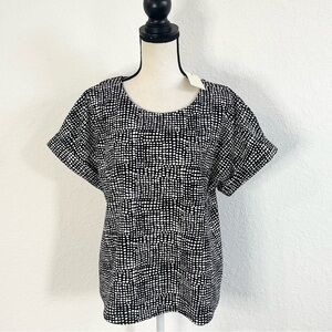 MELLODAY Black White Printed Boxy Blouse Cuff Sleeve Medium NWT Business Office